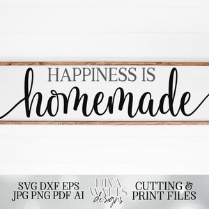 SVG / La felicidad es casera / Letrero de granja para cocina, comedor / Letras simples y elásticas con colas / Plantilla de vinilo HTV / DXF rústico vintage