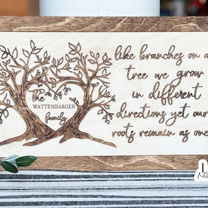 May include: A wooden sign with a laser-cut design of a tree with branches forming a heart. The heart has the text "The Wattenbarger Family" inside. The sign also has the text "Like branches on a tree we grow in different directions yet our roots remain as one".