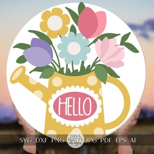 Bonjour arrosoir floral SVG – fleurs de printemps couper fichier pour Cricut & Silhouette | Décoration de printemps bricolage | Téléchargement instantané