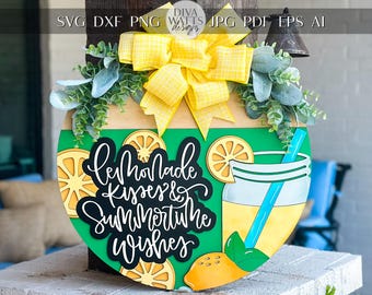 Lemonade SVG Door Hanger | Summertime Wishes Round Sign SVG File | DIY Laser Cut Wood Sign | Glowforge xTool Compatible Summer svg