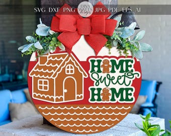 Gingerbread House Home Sweet Home Round Door Hanger SVG Christmas Laser Cut File, Holiday Porch Sign Digital Download for Glowforge xTool