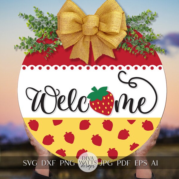 Welcome SVG Strawberrry Round Design svg Summer Door Hanger svg Strawberries SVG for Porch sign Porch decor svg Summer svg Summer cricut svg