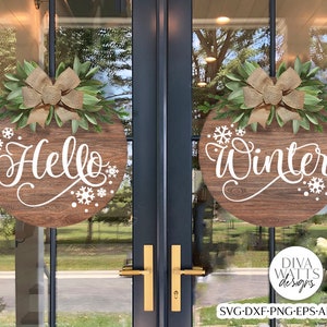 Hello Winter Double Doors SVG Set | Round Christmas Snowflakes Door Hanger Design