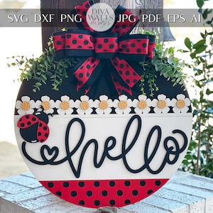 Accroche-porte coccinelle Bonjour, fichier rond découpé au Laser pour Glowforge, plaque de bienvenue personnalisable à la ferme, décoration de porte d'entrée printemps
