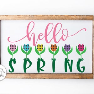 Hello Spring バッファロー チェック柄チューリップ SVG | ソリッド バージョンを含む | ファームハウス サイン