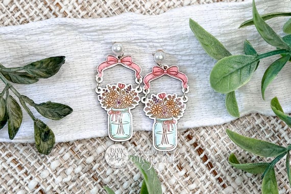 Laser Cut Earring SVG Dangle Bow Frame Mason Jar Floral Earrings SVG Template For Laser Handmade Jewelry Boutique Designs