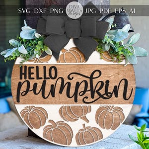 Hello Pumpkin Round Door Hanger SVG | Fall Pumpkin Sign with Bow | Autumn Laser Cut File for Glowforge & xTool