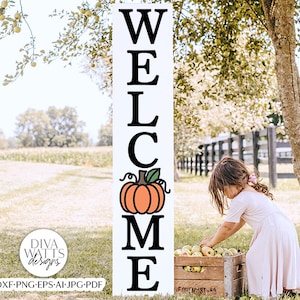 Welcome With Pumpkin Vertical SVG | Fall Porch Design
