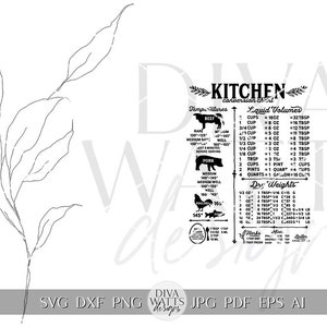 Puede incluir: Gr&aacute;fico de conversi&oacute;n de cocina imprimible en blanco y negro con encabezados para "Temperaturas", "Vol&uacute;menes l&iacute;quidos" y "Pesos secos". El gr&aacute;fico incluye medidas para tazas, onzas, cucharadas, pintas, cuartos, galones y libras.