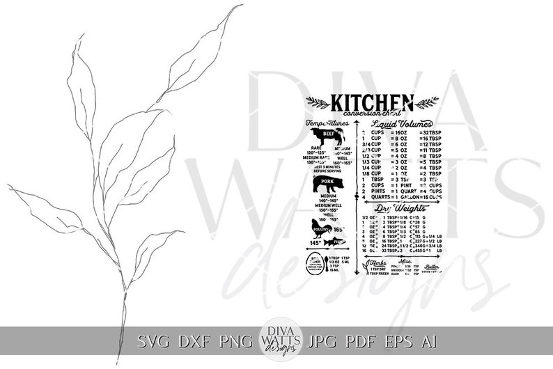 Puede incluir: Gr&aacute;fico de conversi&oacute;n de cocina imprimible en blanco y negro con encabezados para "Temperaturas", "Vol&uacute;menes l&iacute;quidos" y "Pesos secos". El gr&aacute;fico incluye medidas para tazas, onzas, cucharadas, pintas, cuartos, galones y libras.