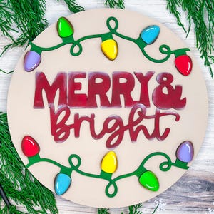 Merry & Bright Christmas Lights Laser Cut Door Hanger SVG | Holiday Decor Glowforge Ready Digital File