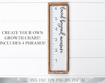 May include: A white wooden growth chart with a brown frame. The chart has a ruler on the left side and the text "loved beyond measure" written vertically on the right side. The text is in a black cursive font. The chart is on a white wooden background.