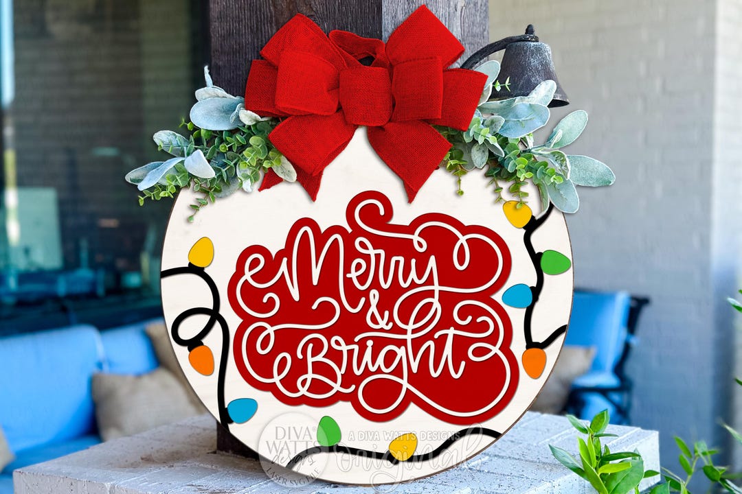 Merry & Bright SVG | Christmas Lights Round Door Hanger Laser Cut File ...