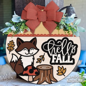 Hello Fall Door Hanger SVG | Fox Fall Sign SVG File | Laser Cut Round Wood Sign Template | Glowforge xTool Digital Download