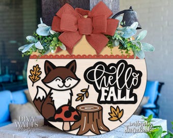Hello Fall Door Hanger SVG | Fox Fall Sign SVG File | Laser Cut Round Wood Sign Template | Glowforge xTool Digital Download