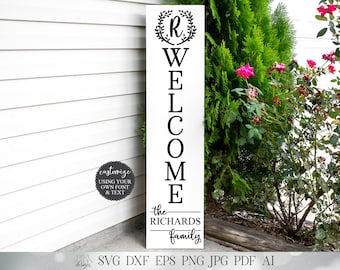 Vertical Welcome Sign with Monogram and Last Name | Leaning Porch Sign | Customize | SVG DXF eps png and more! | Digital Download