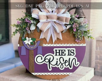 He Is Risen SVG, Christian Easter Door Hanger Laser Cut File, 3D Religious Sign, DIY Church Decor, Glowforge, Xtool, Laser Cut File