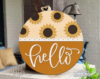 Laser Cut Door Hanger SVG | Hello Sunflower Sign SVG | DIY Round Wood Sign Template | Glowforge xTool Compatible Digital File
