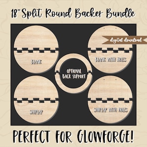 18" SVG-bundel met gesplitste ronde steun, lasergesneden deurhangerbestand, Glowforge gespleten cirkelsteun, overlap en blanco rond bord SVG