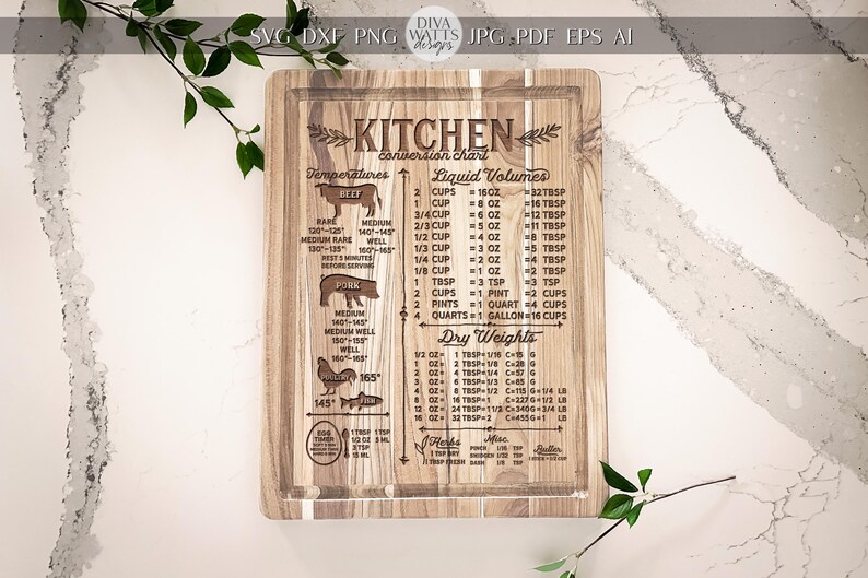 Tabla de conversión de medidas de cocina SVG Conversiones de medidas de cocina con láser SVG Tabla de cortar con láser SVG Tabla de cortar estilo granja svg Truco para hornear imagen 2