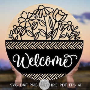 Welcome SVG Spring Florals Door Hanger Design Geometric Welcome SVG Wooden Welcome Door Hanger Front Door Decor Front Door Sign Flower svg