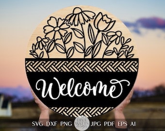 Welcome SVG Spring Florals Door Hanger Design Geometric Welcome SVG Wooden Welcome Door Hanger Front Door Decor Front Door Sign Flower svg