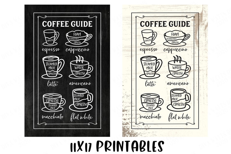 May include: Two black and white printable coffee guides with illustrations of different coffee drinks and their ingredients. The text on the guides reads "Coffee Guide" and lists the drinks: espresso, cappuccino, latte, americano, macchiato, and flat white.
