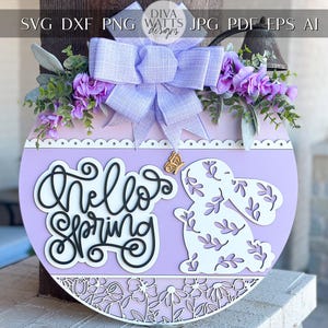 Accrocheur de porte lapin printemps bonjour SVG, fichier 3D découpé au laser en couches, enseigne de porche de printemps, Glowforge, Xtool, laser SVG décoration de printemps de ferme