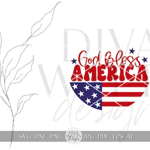 May include: A red, white, and blue American flag with the text "God Bless America" in a red, white, and blue color scheme. The flag is in a circle shape.