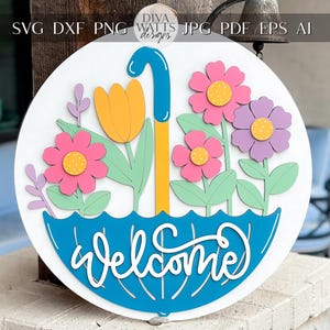 Welcome Spring Umbrella Door Hanger Laser Cut File SVG | Layered Floral Design | Glowforge Xtool File | Spring Decor SVG