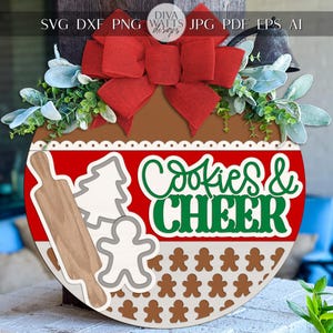 Christmas Cookies Round Door Hanger SVG | Cookies & Cheer Sign | Gingerbread Rolling Pin Holiday Round | Laser Cut File Glowforge xTool