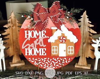 Home Sweet Home Gingerbread Laser Cut File | Christmas SVG | Layered Holiday Door Hanger | Peppermint Pattern | DIY Laser Design