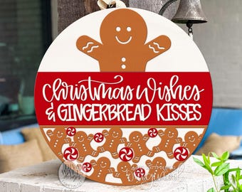 Christmas Wishes & Gingerbread Kisses SVG | Layered Round Door Hanger File for Glowforge xTool | Holiday Laser Cut Sign Template