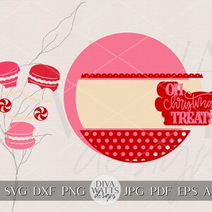 Puede incluir: Un dise&ntilde;o gr&aacute;fico festivo con macarons y caramelos rosas, con un gran c&iacute;rculo rosa y el texto "Oh Christmas Treats" en rojo. El dise&ntilde;o incluye el texto "SVG DXF PNG JPG PDF EPS AI".