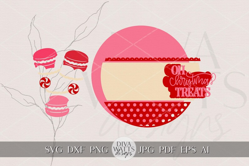 Puede incluir: Un dise&ntilde;o gr&aacute;fico festivo con macarons y caramelos rosas, con un gran c&iacute;rculo rosa y el texto "Oh Christmas Treats" en rojo. El dise&ntilde;o incluye el texto "SVG DXF PNG JPG PDF EPS AI".
