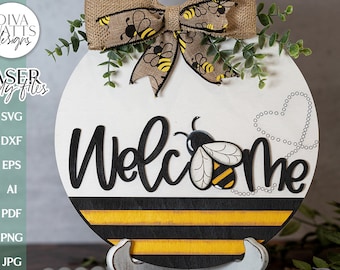 Welcome With Bee Glowforge Laser SVG | Door Hanger Design