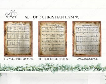 Printable | Christian Hymn | Set of 3 | Amazing Grace Old Rugged Cross It Is Well With My Soul | Distressed | Multiple Sizes | Sheet Music