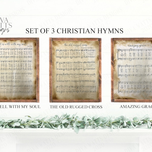 Printable | Christian Hymn | Set of 3 | Amazing Grace Old Rugged Cross It Is Well With My Soul | Distressed | Multiple Sizes | Sheet Music