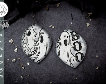 May include: A pair of Halloween-themed earrings. One earring features a ghost with the word "BOO" written on it. The other earring features two ghosts.
