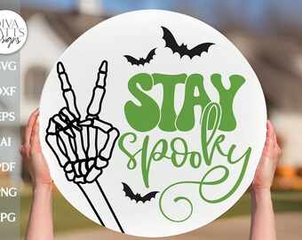 Stay Spooky SVG Halloween Door Hanger svg Skeleton Door Hanger svg Retro Halloween Skeleton SVG Skeleton Sign svg Skeleton Peace Sign SVG