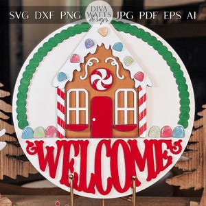 Gingerbread House Christmas Door Hanger SVG, Laser Cut Welcome Sign, Holiday Candy Decor, Christmas Porch Round Sign File