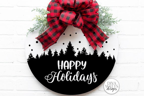 Happy Holidays SVG | Tree & Snow Winter Scene Design for Round Signs