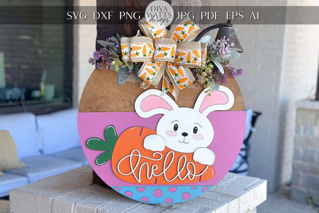 Hello Easter Bunny Carrot Door Hanger SVG, Laser Cut File, 3D Layered ...