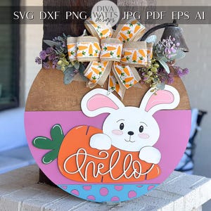 Accroche-porte carotte lapin de Pâques, fichier découpé au laser, enseigne de Pâques en couches 3D, décoration de porche printanière, Glowforge, Xtool, laser SVG