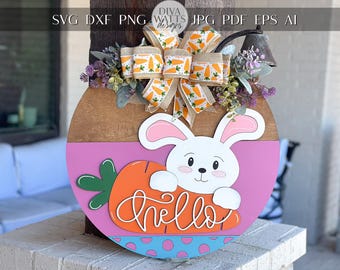 Hello Easter Bunny Carrot Door Hanger SVG, File tagliato al laser, Cartello pasquale a strati 3D, Decorazione primaverile per portico, Glowforge, Xtool, Laser SVG
