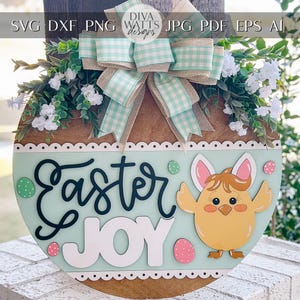 Easter Joy Door Hanger SVG, Bunny Chick Laser Cut File, Spring Round Sign Design, Glowforge SVG, Xtool, Farmhouse Easter Decor