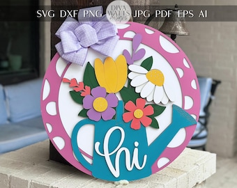 Floral Watering Can Door Hanger SVG, Layered Laser Cut File for Glowforge Xtool, Spring Welcome Sign SVG, 3D Round Door Sign