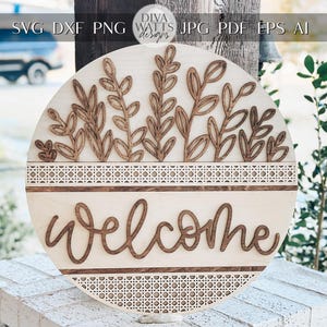 Panneau de bienvenue fichier découpé au laser SVG | Accroche-porte floral superposé | Panneau rond rustique en bois pour Glowforge et Xtool | Panneau de bienvenue en rotin svg