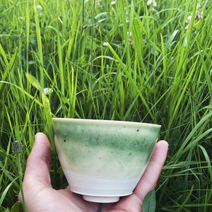 May include: A small, green and white ceramic bowl with a speckled glaze. The bowl is being held in a hand against a background of green grass.