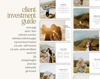 Guida ai prezzi della fotografia di matrimonio / Modello di prezzi per matrimoni / Guida ai prezzi della fotografia / Modello Canva / Materiali di marketing per la fotografia